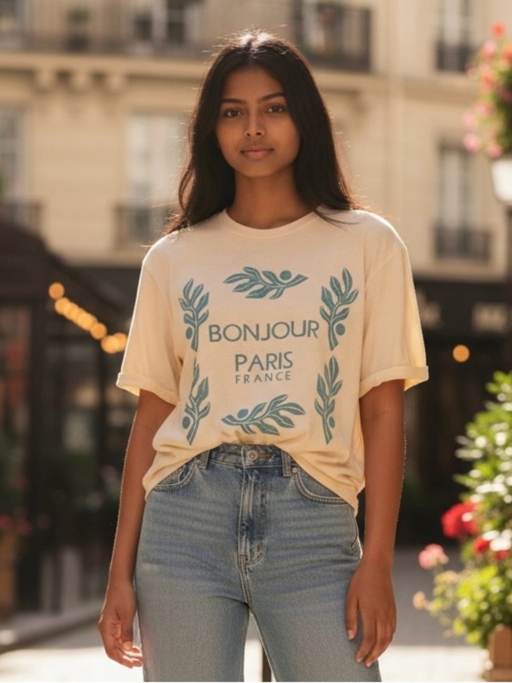 Chaser Cream Tee with Teal Botanical Print